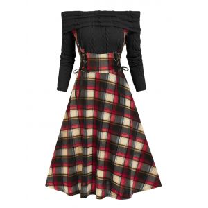 

Off The Shoulder Lace Up Plaid 2 in 1 Dress, Black