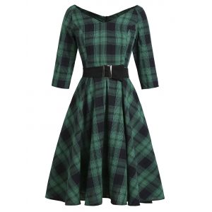 

V Neck Plaid Raglan Sleeve Belted Dress, Deep green