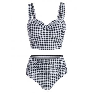 

Gingham Side Boning Underwire Ruched Tankini Swimwear, Black