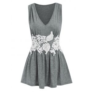

Lace Panel Ruched Peplum Tank Top, Gray