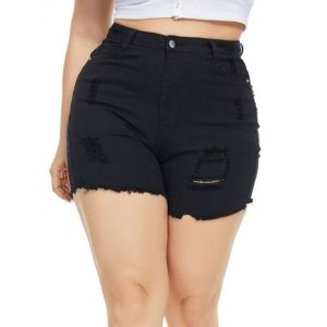 

Frayed Hem Ripped Jean Plus Size Cutoff Shorts, Black