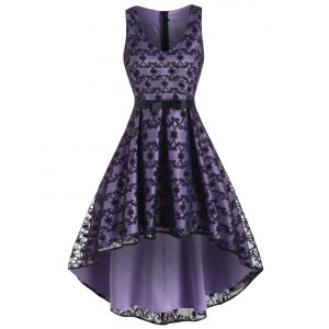 

High Low Bowknot Waist Lace Party Dress, Black