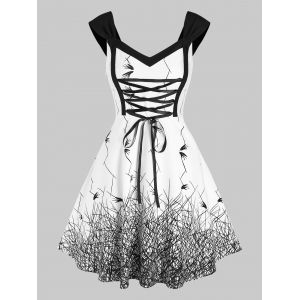 

Sleeveless Birds Grass Print Lace-up Dress, Multi