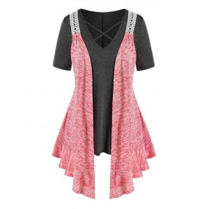 

Plus Size Criss Cross T-shirt and Draped Space Dye Top Set, Light pink