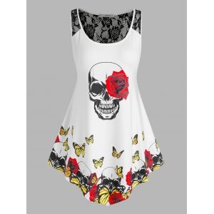 

Plus Size Skull Butterflies Print Lace Insert Tank Top, White