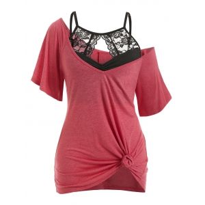 

Plus Size Knotted Tunic T-shirt with Lace Cutout Cami Top Set, Red