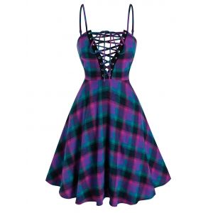 

Plaid Lace Up Fit and Flare Dress, Multi