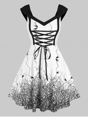 Sleeveless Birds Grass Print Lace-up Dress