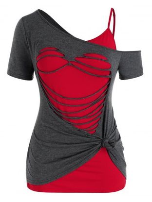 Plus Size Ripped Heart Skew Neck T-shirt and Camisole Set