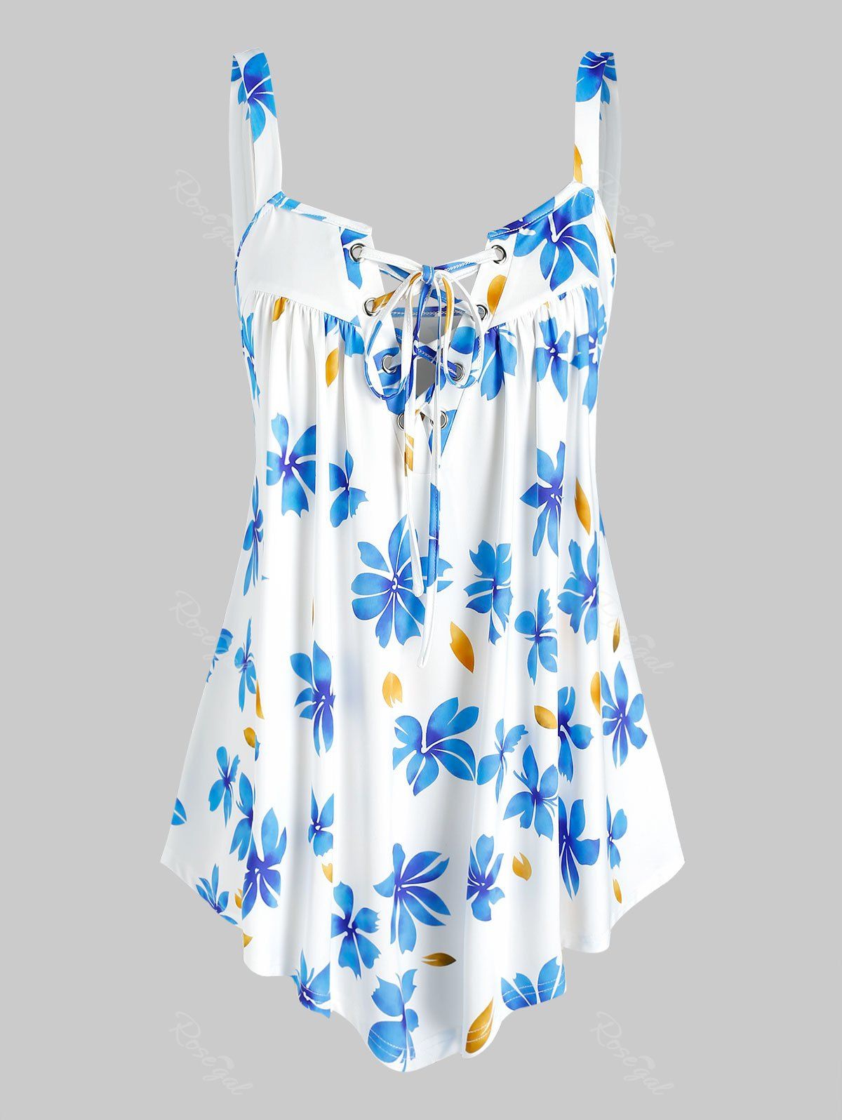 

Plus Size Floral Print Lace Up Irregular Tank Top, White