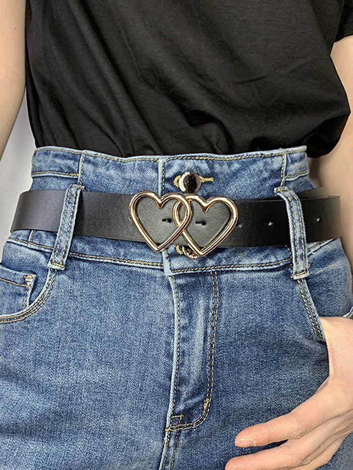 

Double Hollow Heart Buckle Waist Belt, Black