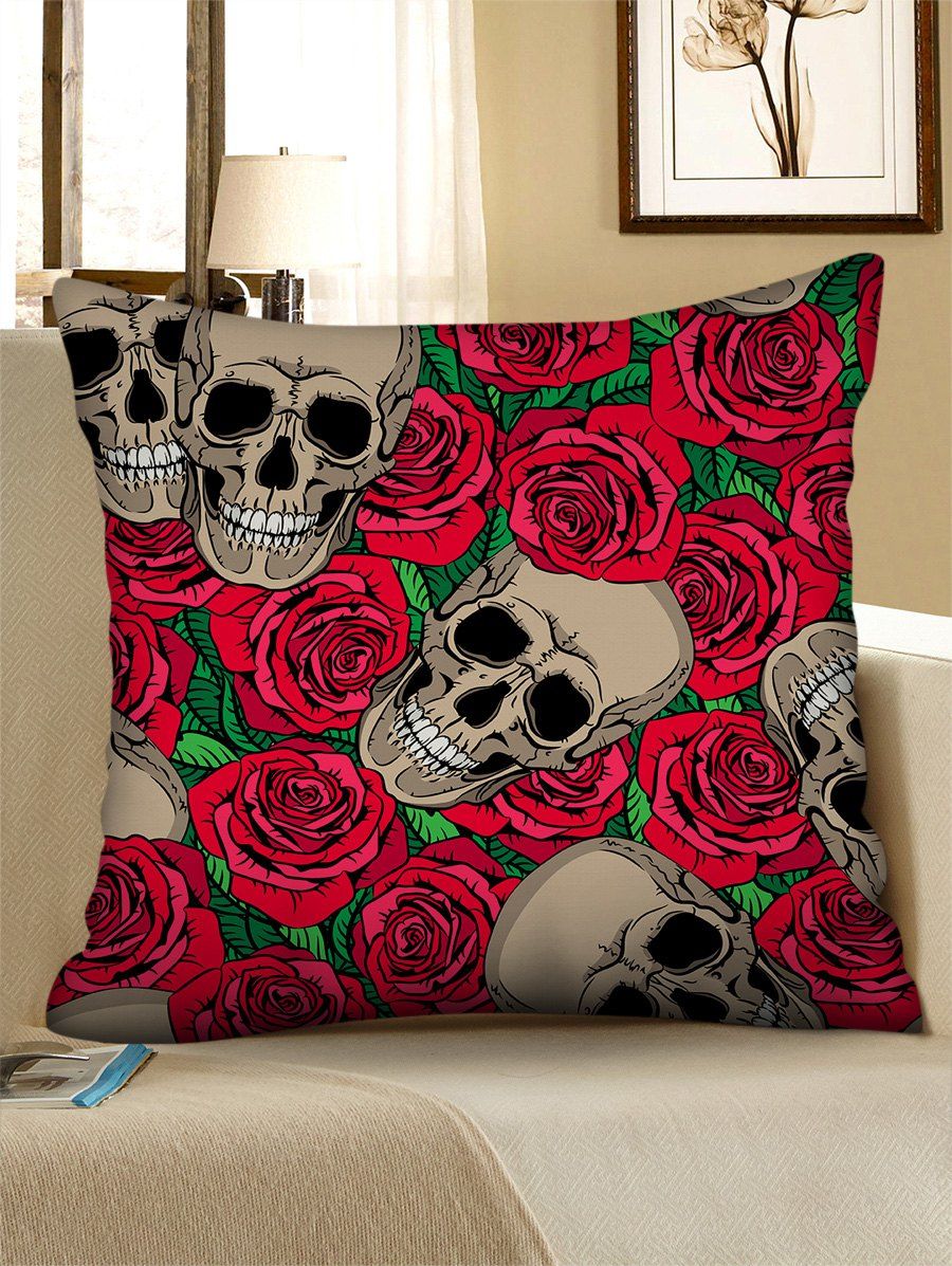 

Skull Flower Printed Linen Square Pillowcase, Cherry red