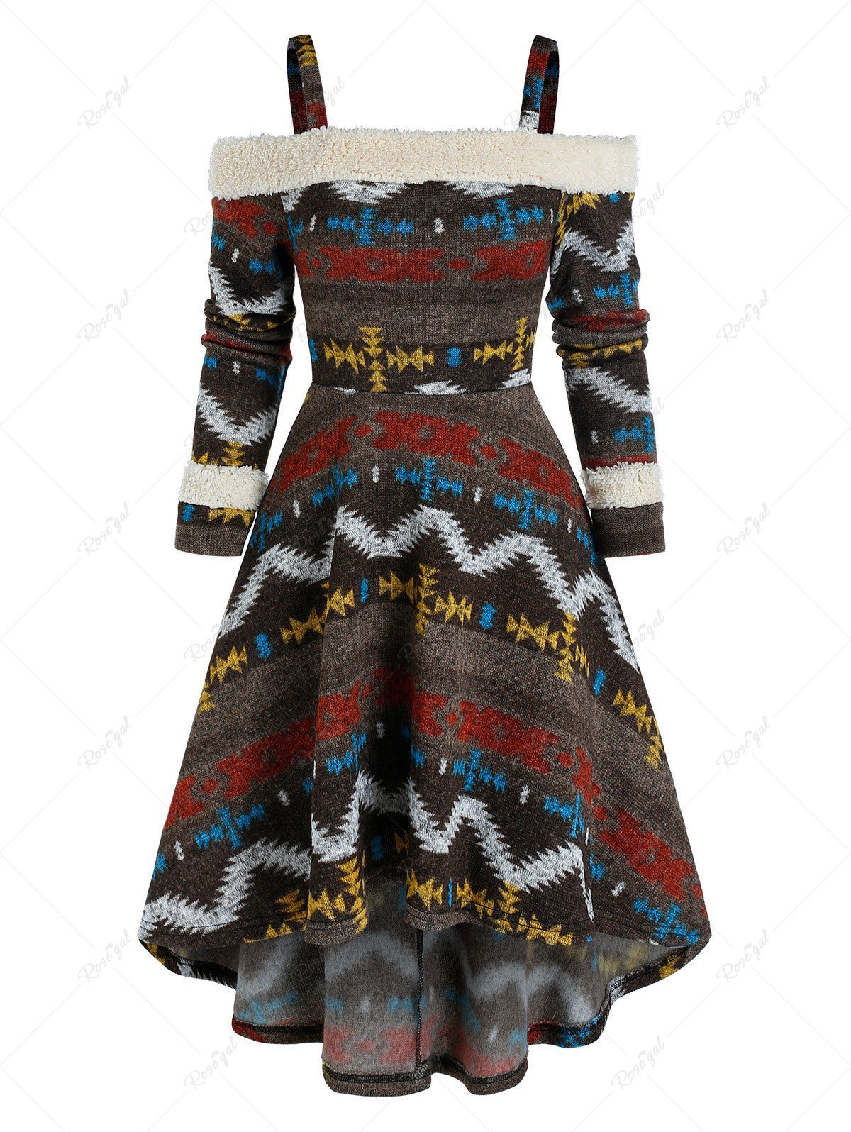 New Cold Shoulder Tribal Print High Low Dress  