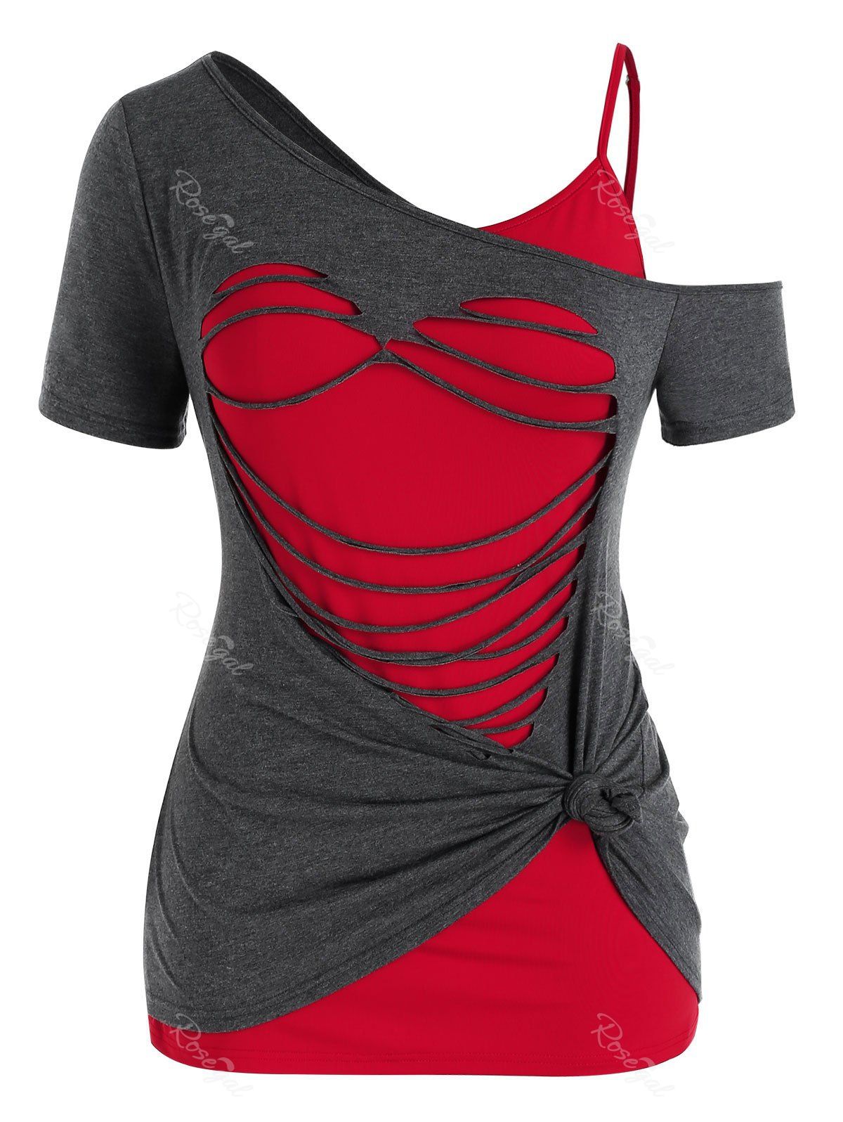 Discount Plus Size Ripped Heart Skew Neck T-shirt and Camisole Set  