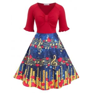 

Plus Size Musical Notes Heart Print Vintage Flare Dress, Red