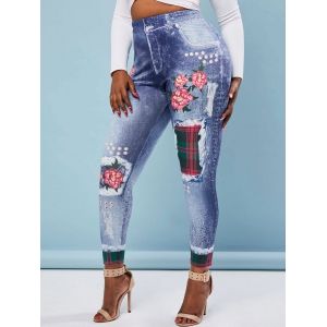 

High Waisted 3D Print Floral Plaid Panel Plus Size Jeggings, Blue