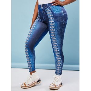 

High Waisted 3D Lattice Print Plus Size Jeggings, Blue