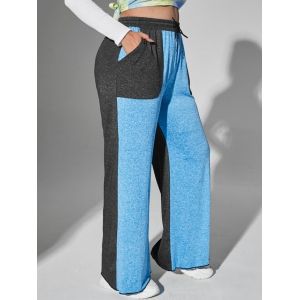 

Pockets Contrast Heathered Plus Size Wide Leg Pants, Blue