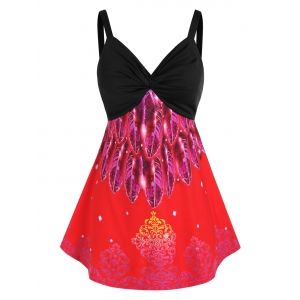 

Plus Size Feather Print Front Twist Tank Top, Multi