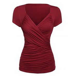 

Plus Size Ruched Surplice Short Sleeve Tunic Tee, Deep red