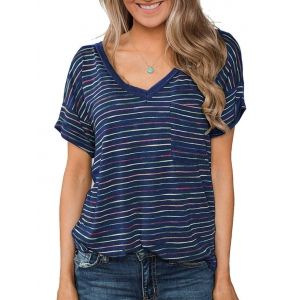 

V Neck Striped Front Pocket Long Tee, Deep blue
