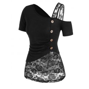 

Mock Button Flower Lace Insert Ruched T-shirt, Black