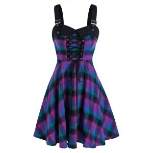 

Plaid Print Buckle Strap Lace-up Sleeveless Dress, Purple