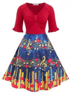 Plus Size 50s Musical Notes Heart Print Vintage Flare Dress - RED - L