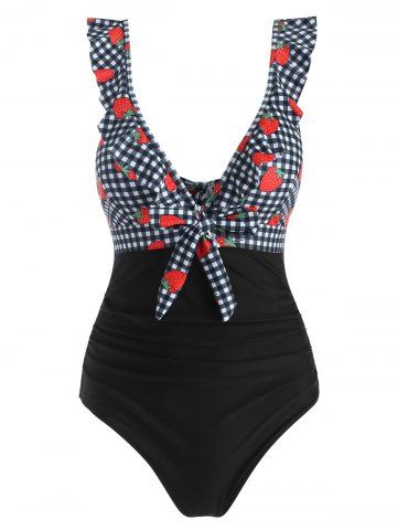 Ruffle Gingham Strawberry Print Knot One-piece Swimsuit - BLACK - M