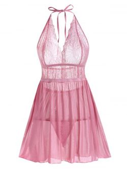 Halter Lace and Mesh Babydoll Set - LIGHT PINK - S