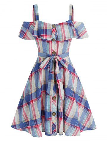 Plaid Print Cold Shoulder Button Up Belted Dress - MULTI - M