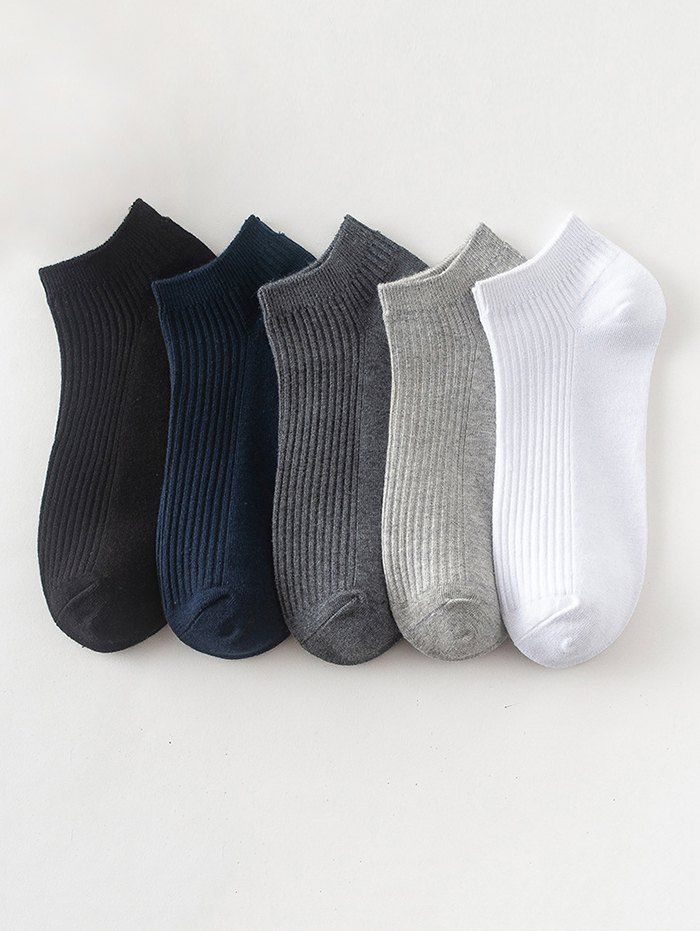 

5 Pairs Solid Cotton Ribbed Ankle Socks Set, Multi