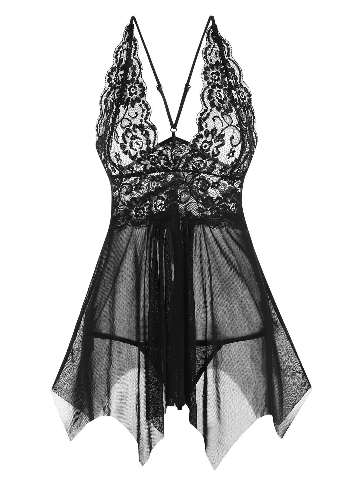 

Lace and Mesh Handkerchief Hem Babydoll Set, Black