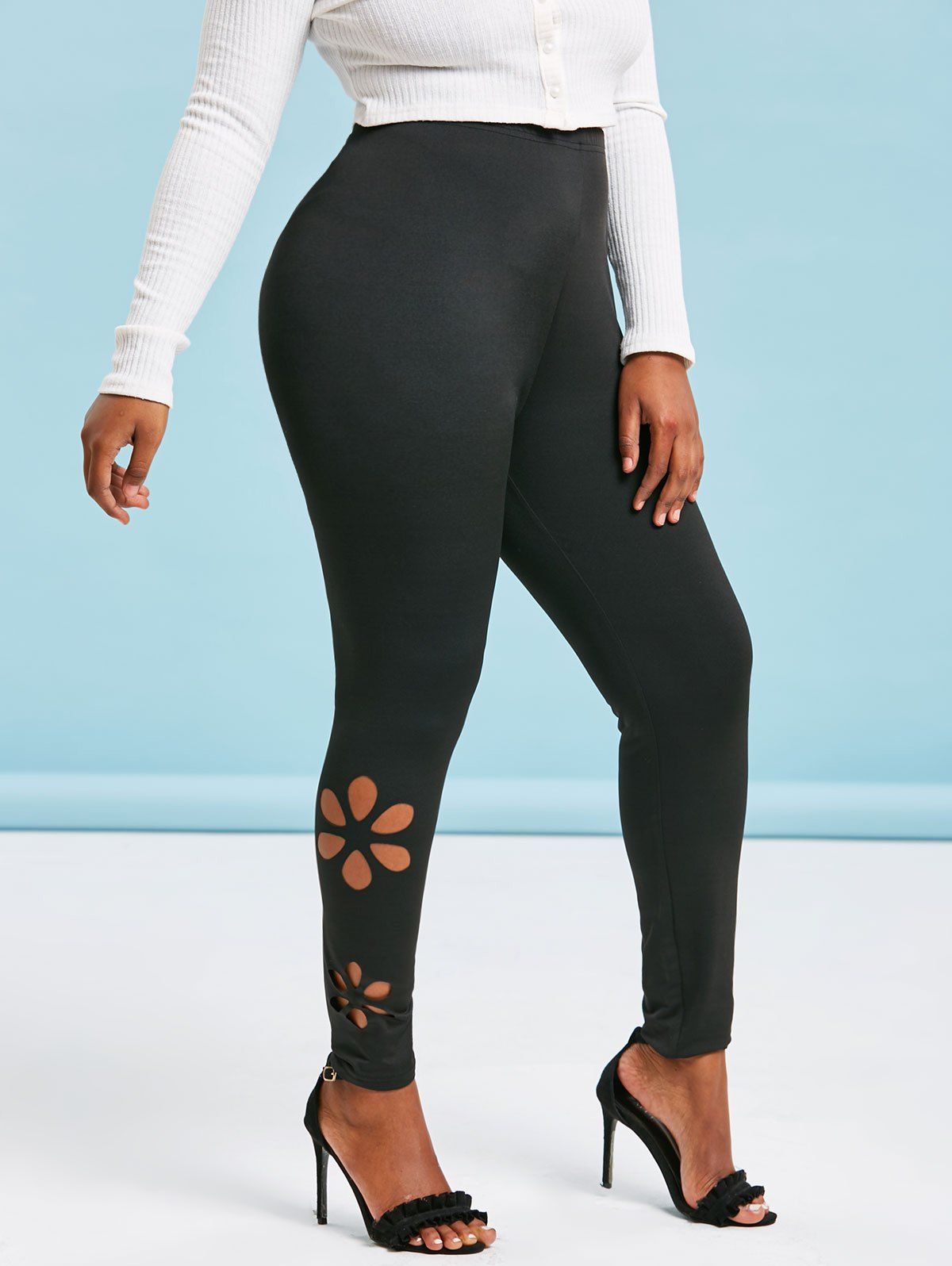 

High Waisted Lacer Cut Side Plus Size Basic Leggings, Black