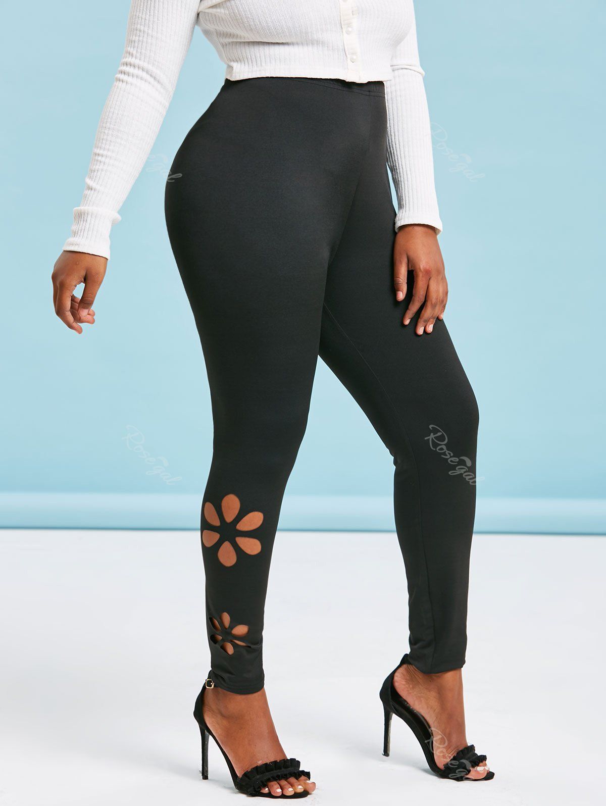 

High Waisted Lacer Cut Side Plus Size Basic Leggings, Black