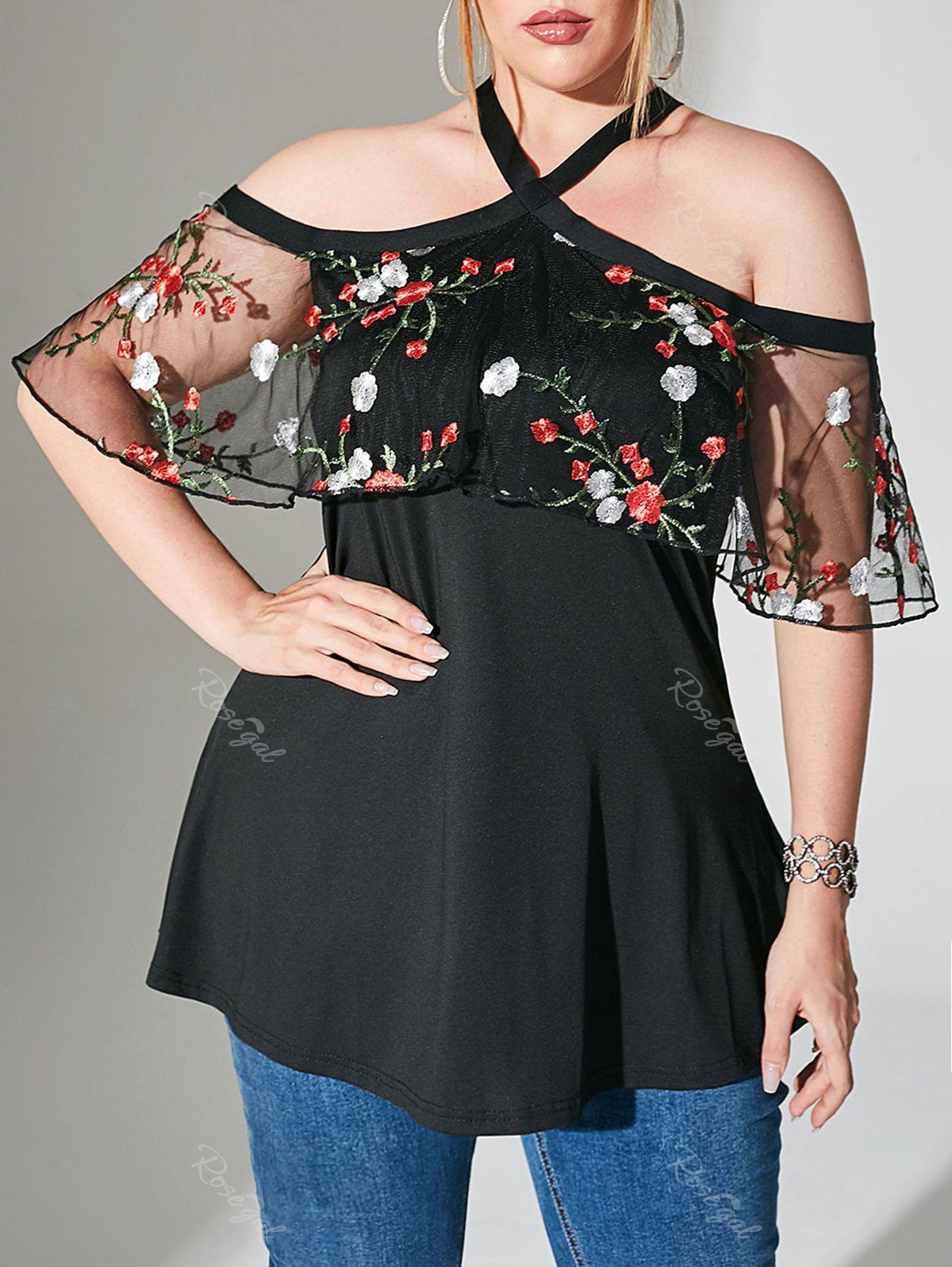 

Foldover Mesh Floral Embroidered Cold Shoulder Plus Size Top, Black