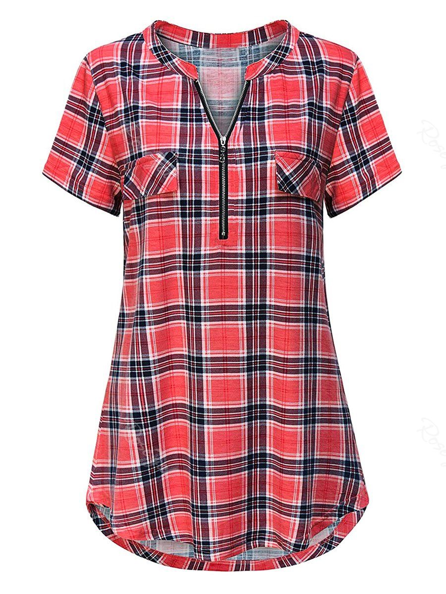 

Plus Size Plaid Half Zip Curved Hem Tunic Tee, Light pink