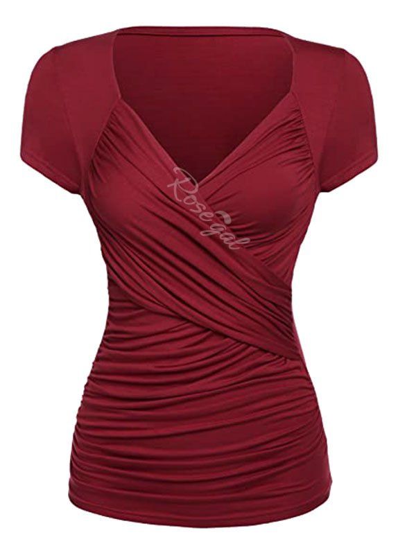 

Plus Size Ruched Surplice Short Sleeve Tunic Tee, Deep red