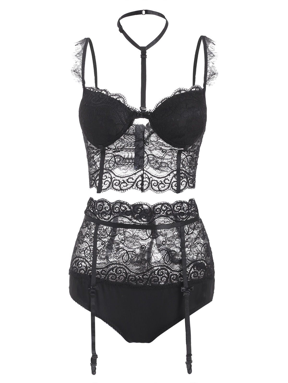 

Harness Lace Gartered Bra Set, Black