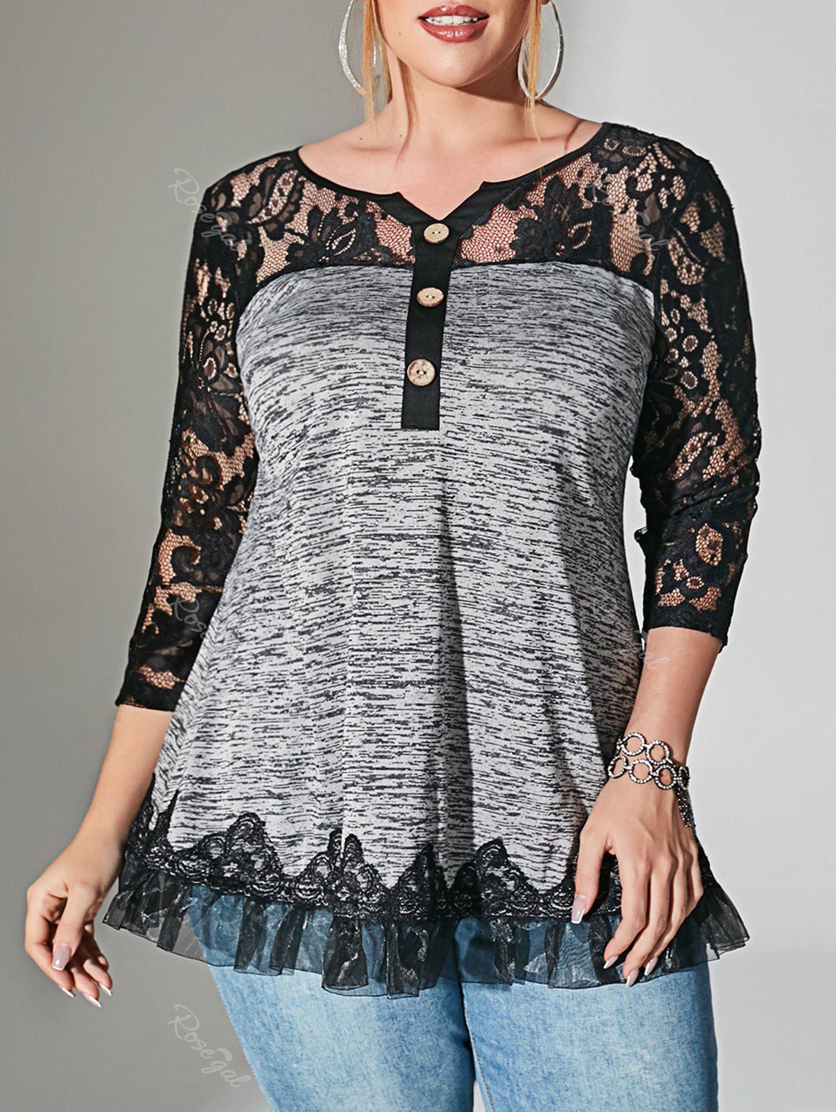 

Organza Hem Heathered Lace Panel Plus Size Henley Top, Gray