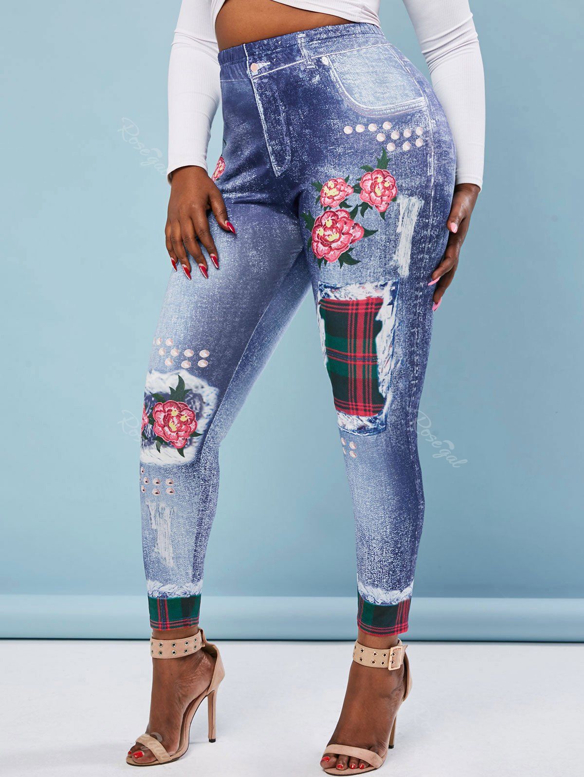 

High Waisted 3D Print Floral Plaid Panel Plus Size Jeggings, Blue