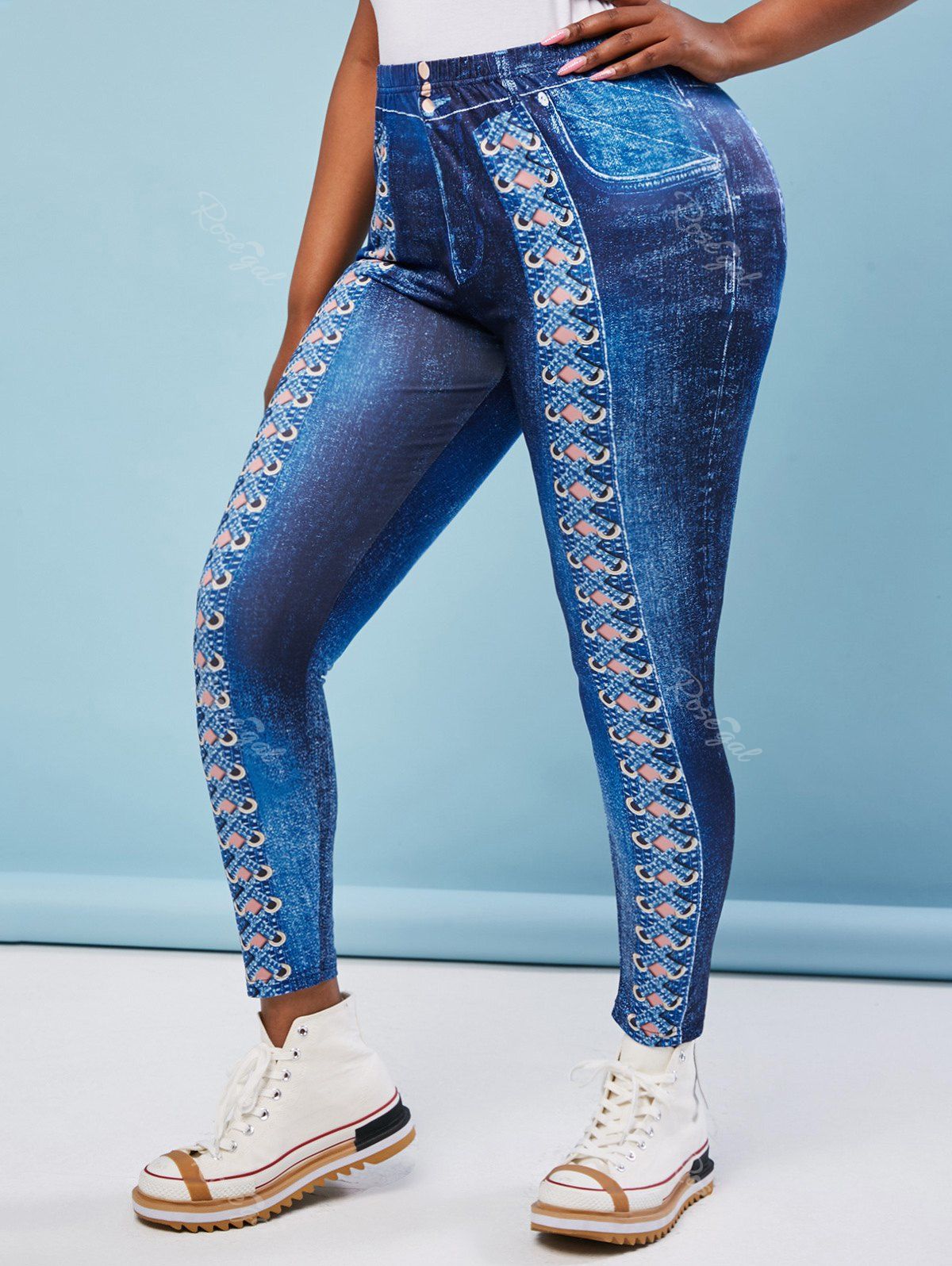 Discount High Waisted 3D Lattice Print Plus Size Jeggings  