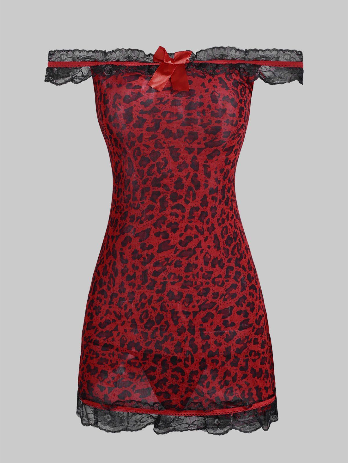 

Off The Shoulder Lace Trim Leopard Frilled Dress, Red