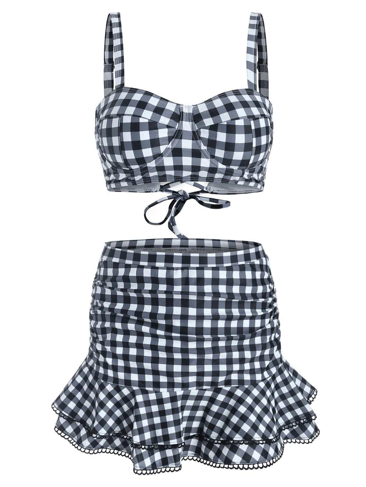 

Gingham Underwire Flounce Ruched Picot Trim Three Piece Swimsuit, Black