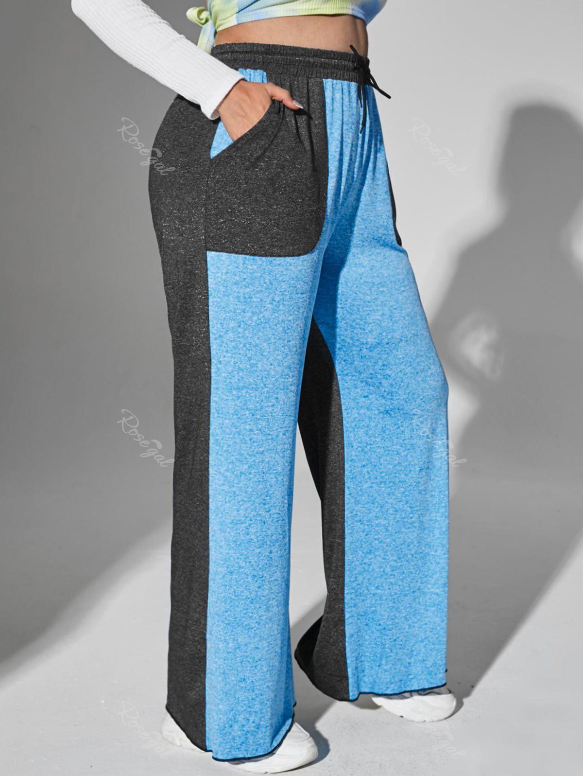 Pantalon Chiné Contrasté à Jambe Large de Grande Taille avec Poches Bleu L