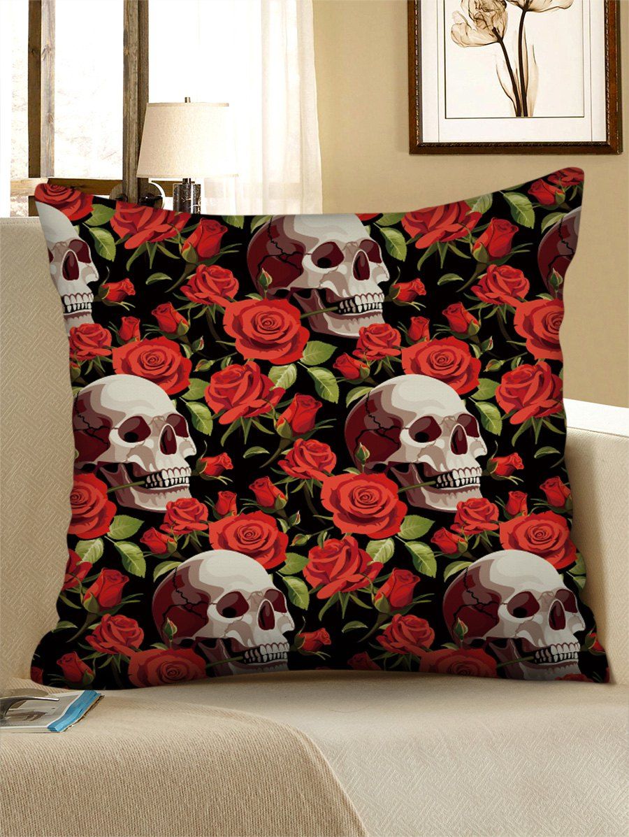 

Gothic Rose Skull Printed Linen Square Pillowcase, Red wine