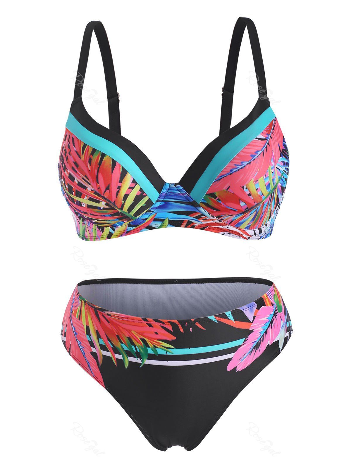 

Plus Size Tropical Leaf Push Up Bikini Swimwear, Black