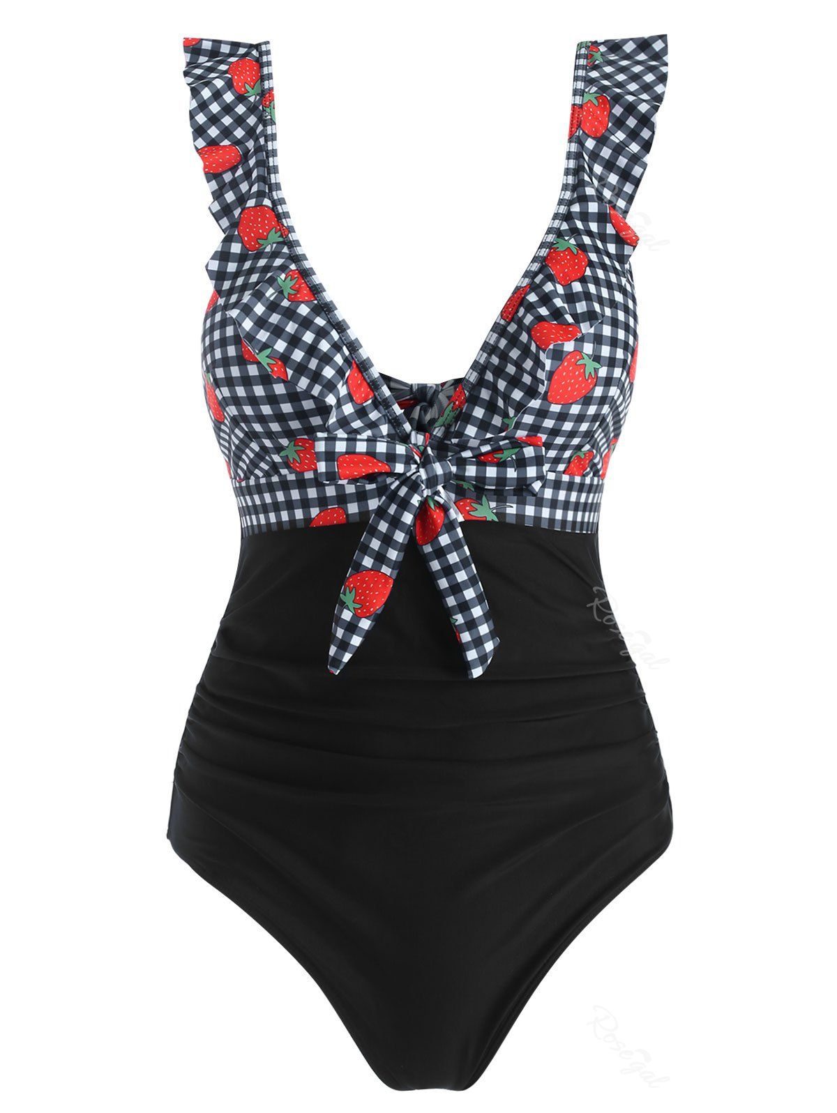 

Ruffle Gingham Strawberry Print Knot One-piece Swimsuit, Black
