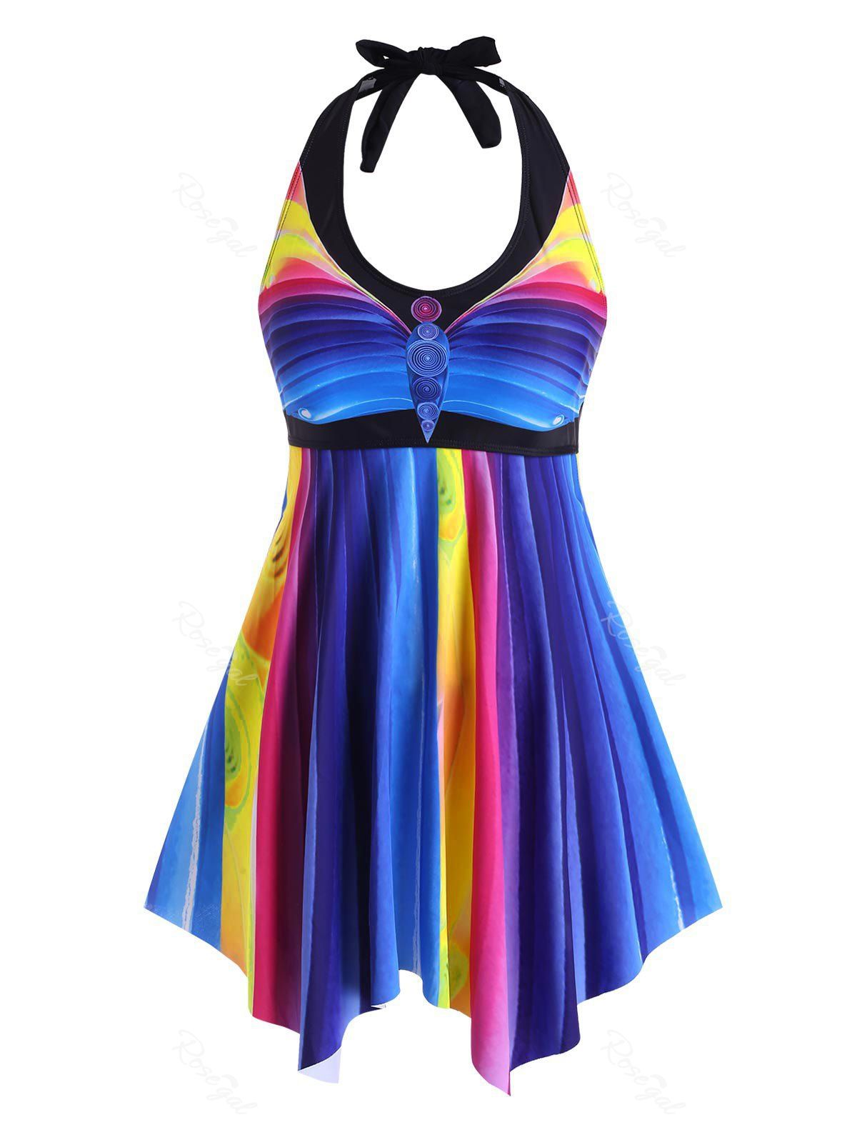 

Plus Size Halter Colorful Striped Handkerchief Tankini Swimwear, Multi