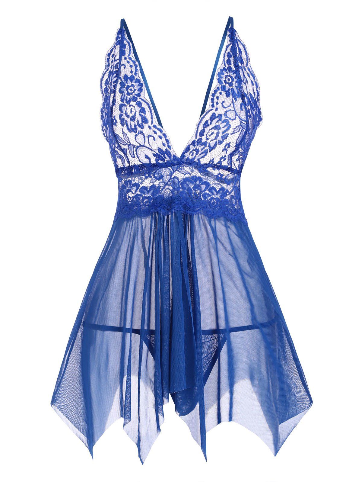 

Lace and Mesh Handkerchief Hem Babydoll Set, Blue